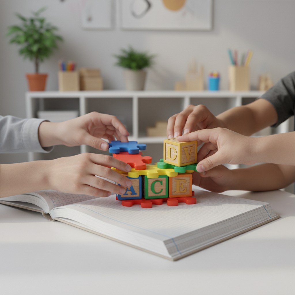 Two children work together to arrange the stack of puzzle pieces with the letters "A", "C", "E", and "D" visible. Note: As...