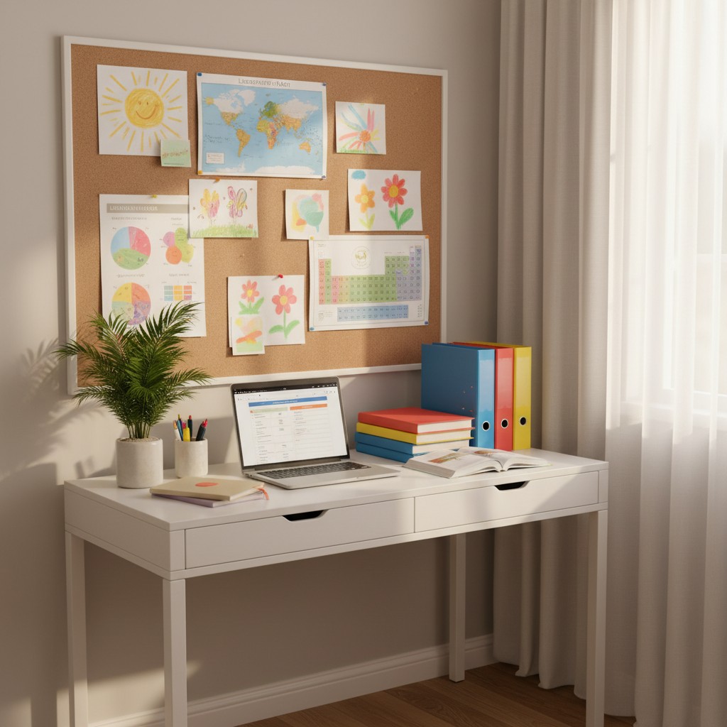 A home office scene featuring a desk, laptop, and bulletin board with colorful artwork and plants.