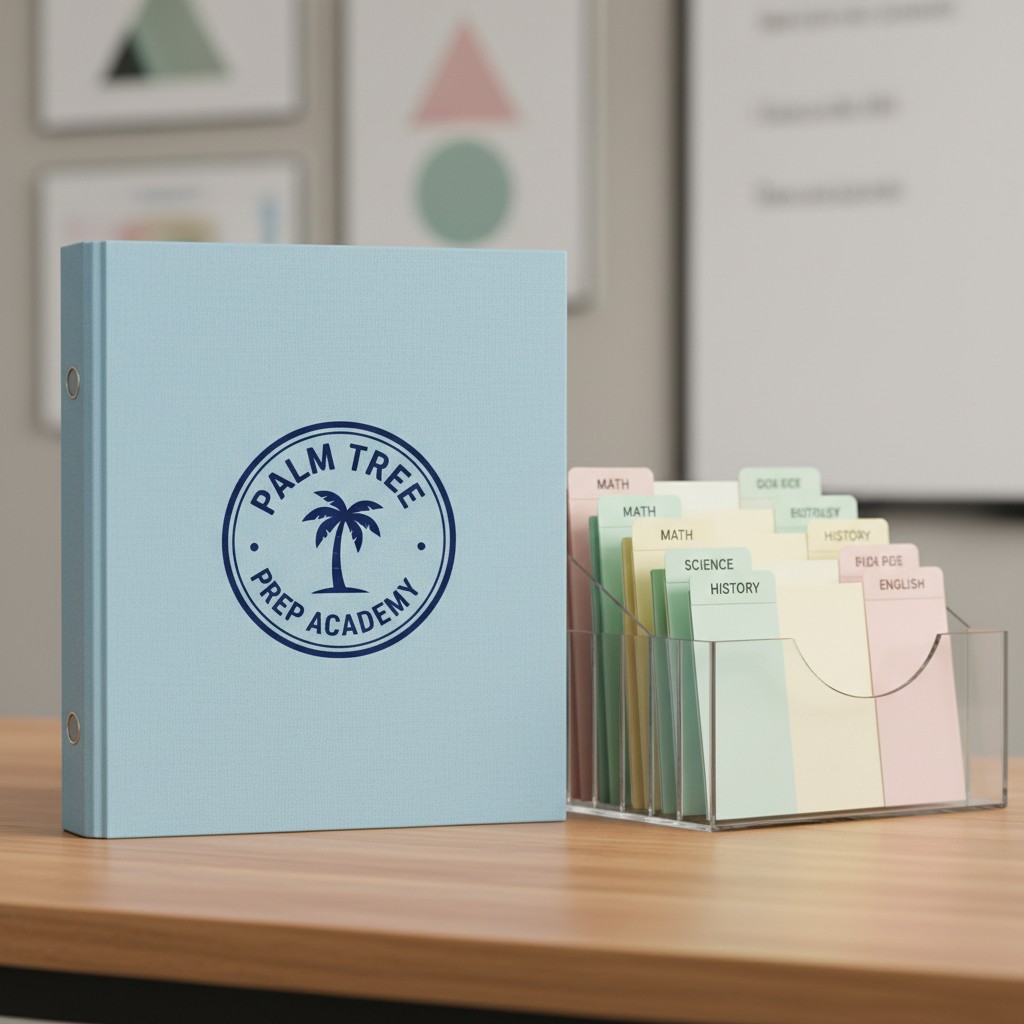 A binder standing upright on the left, accompanied by a clear file organizer to its right, sits atop a light wooden desk. ...