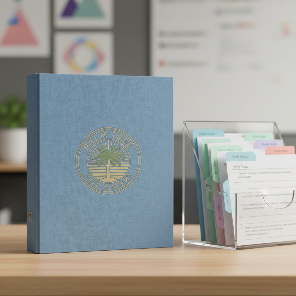Palm Tree Prep Academy folders and organizer on a desk.